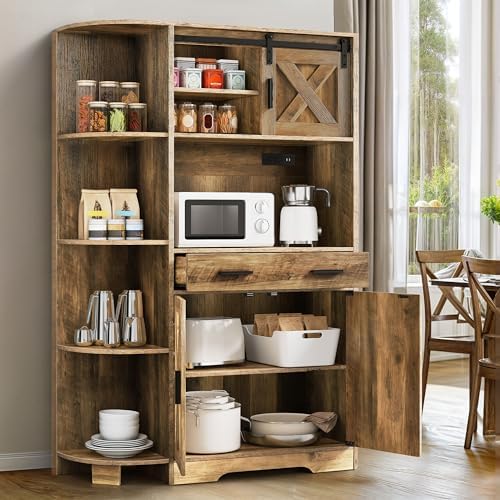 YITAHOME 67" Farmhouse Pantry with Power Outlet & Sliding Barn Door, Oak