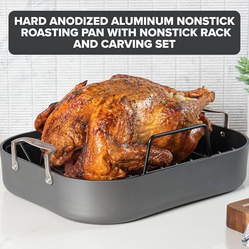 Viking Hard Anodized Aluminum Nonstick Roasting Pan with Non Stick Rack and Carving Set, 16 x 13 Inch Kitchen Cookware, Dishwasher and Oven Safe, Dark Grey