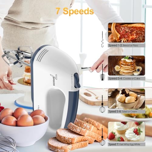 LILPARTNER Electric Hand Mixer with Storage Box, Ultra Power Kitchen Hand Mixer With 7-Speed & 5 Stainless Steel Accessories for Whipping Dough, Cream, Cake, Dishwasher Safe, LIGHT WHITE BOX