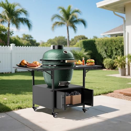 KEIKI Outdoor Grill Table for Big Green Egg, Metal BBQ Cart with Wheels and Dual Folding Side Shelves, Fits Large Green Egg and Kamado Joe Jr, Rolling Prep Station for Patio Cooking