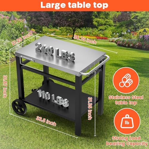 Double-Shelf Stainless Steel Grill Cart, 34 x 21 Outdoor Table