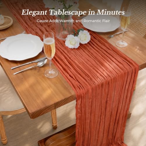Goodluck Fall Table Runner, 10 Pack 10FT Terracotta Cheesecloth Table Runner 35x120 Inch Burnt Orange Boho Gauze Table Runner for Thanksgiving Autumn Fall Wedding Baby Shower Home KitchenTable Decor