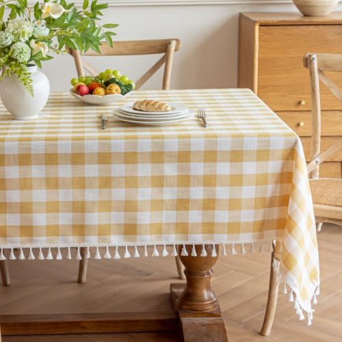 Alsoo Fall Checkered Tablecloth Rectangle Cotton Linen Fabric Gingham Table Cloth Buffalo Plaid Table Cover with Tassel Wrinkle Free Washable for Kitchen Dining Picnic, Yellow and White, 55X120''