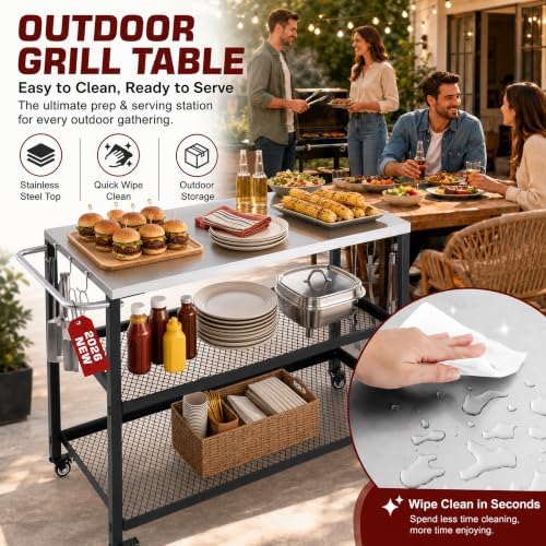 Grill Table with Stainless Steel Top, 28.54 x 16.14 in