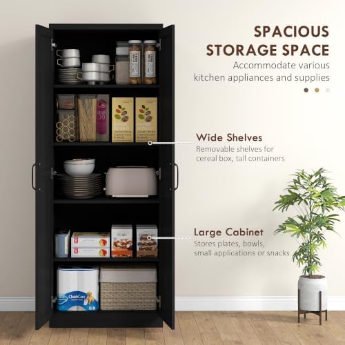 HOMCOM 63" Kitchen Pantry Cabinet with Doors and Adjustable Shelves, Black