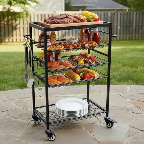 HOSY 4-Tier Rolling Grill Cart with Handle, Heavy-Duty Barbecue Workbench