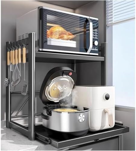 Adjustable 2-Tier Microwave Stand with Pull-Out Tray, Metal Kitchen Organizer Rack, Space-Saving Storage for Rice Cooker & Kitchen Essentials, 6 Hooks Included
