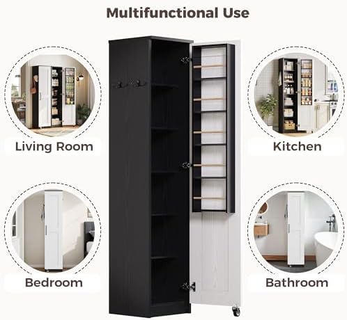 IRONCK Narrow Kitchen Pantry Cabinet 72" H for Small Place, White and Black