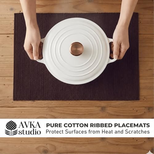 100% Cotton Ribbed Placemats - Set of 6-13 x 19 Inches - Brown - Everyday/Thanksgiving/Fall Cloth Table Mats - Thick Construction, Washable & Reusable Cloth Place Mats - by AVKA Studio