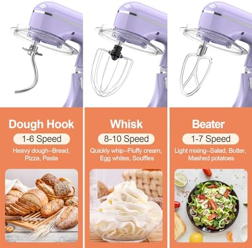 CEBORY 3-IN-1 Electric Stand Mixer, 6.5QT Bowl 660W 10-Speed Kitchen Mixer, Household Food Mixers include Dough Hook, Beater and Whisk, Bread Cake Mixer for Baking and Most Home Cooks, Purple