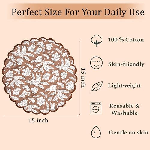 Ridhi Floral Block Print Round Placemats 15 Inch, Set of 4, Oak Brown
