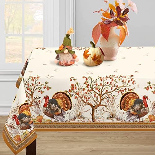 Fall Thanksgiving Double Border Decoration Tablecloth,Turkey & Pumpkin Harvest Tablecloths, Waterproof Table Cover for Dinner Kitchen Party Holiday Decorations, 60"x 102"Oblong/Rectangle