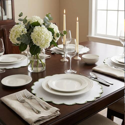 Set of 24 White Cotton Placemats 15" Round Scalloped Green