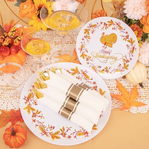 Ciaell 175PCS Thanksgiving Plastic Plate - Disposable Dinnerware Set - Gold Disposable Plastic Plates include 50Plates, 75Silverware, 25Cups, 25Napkins for Thanksgiving & Party