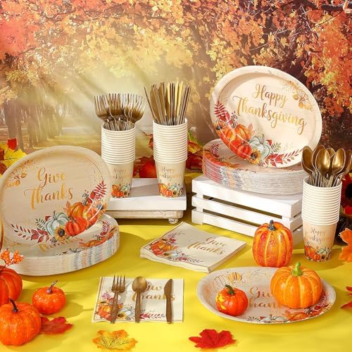 Pajean 175 Pcs Thanksgiving Fall Oval Paper Plates Gold Pumpkin Disposable