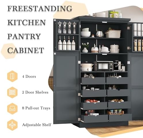 Merax 35.5x17.6x70.9 inches Freestanding Kitchen Pantry Cabinet, Tall Storage Cabinet with 4 Doors, 2 Door Shelves, 8 Pull-Out Trays and Adjustable Shelf for Dining Room, Gray