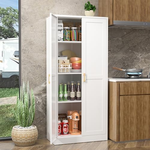 UNICOLY Metal Kitchen Pantry Cabinet, Storage Cabinet with Doors and Shelves, Cupboard with Adjustable Leveling Foot, for Laundry, Living Room, Bathroom, Dinning Room, Assembly Required, White 60" H