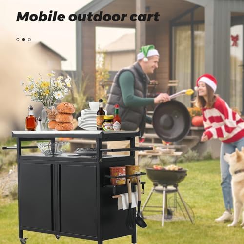 Outdoor Grill Cart Bar Cart with Storage Cabinet for Grilling Accessories（Black）