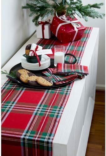 Solino Home 100% Linen Table Runner Red, Madras Holiday Plaid 14 x 48 in