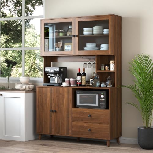 KEIKI 67" H Kitchen Pantry Storage Cabinet with Countertop, Glass Doors