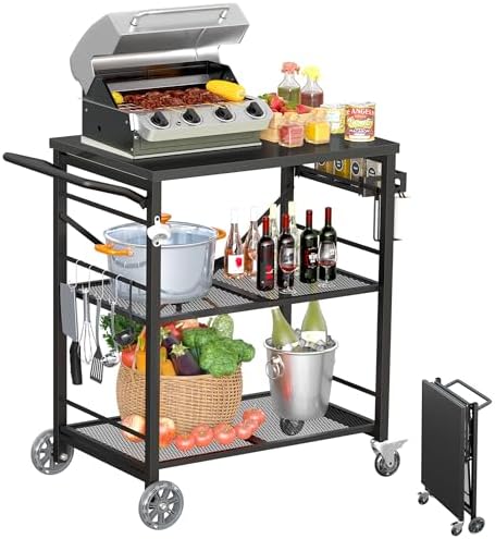 Ciokea Folding Outdoor Grill Cart with Wheels, All Black
