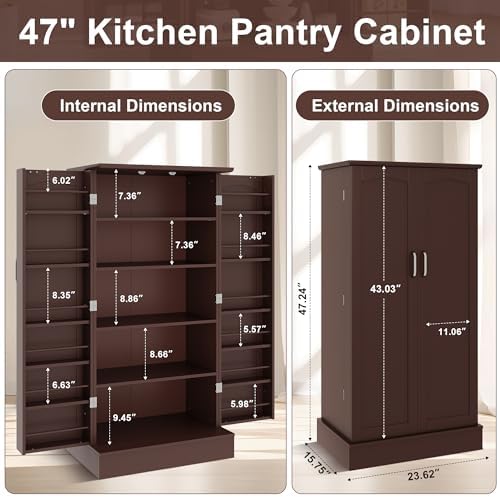 kepptory 47” Pantry Cabinet, Kitchen Pantry Storage Cabinet with Doors & Adjustable Shelves, Brown Freestanding Buffet Cupboards Sideboard for Living Room and Dinning Room, Sturdy and Durable