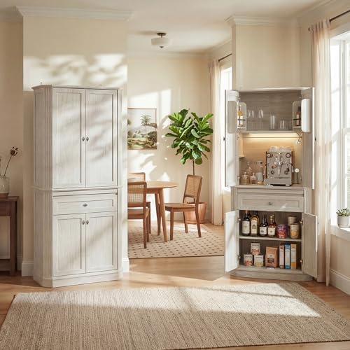 72.2" Tall Kitchen Pantry Cabinet with Doors, Farmhouse Storage Cabinet with Charging Station & LED Light, Drawer, Adjustable Shelves and Pull-Out Shelves, White Wood Pantry Cupboard for Dining Room