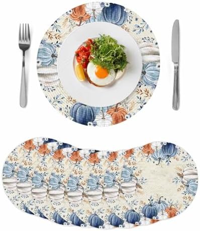 Fall Round Placemats Set of 8 Pumpkin Blue Orange Thanksgiving Place Mats Washable Woven Placemat White Pumpkin Leaves Circle Braided Table Mat for Kitchen Dining Table Holiday Party Decor 15 Inch