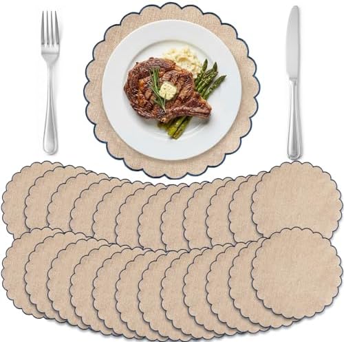 Set of 24 Linen Boho Cotton Placemats 15" Round Scalloped Blue