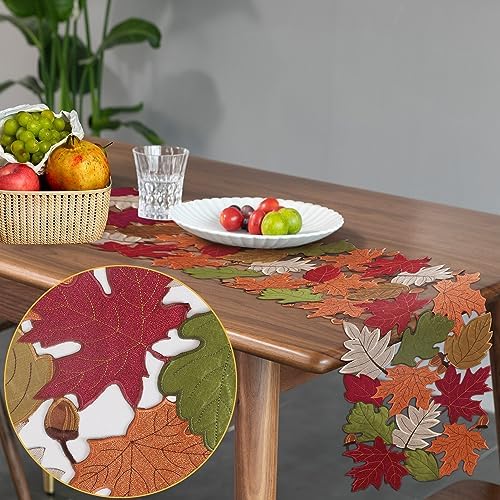 OWENIE Fall Table Runner, Short Thanksgiving Table Runner for Coffee Table Autumn Season Home Decorations, Embroidered Cutwork Farmhouse Harvest Maple Leves Runner, 13 Inch x 36 Inch