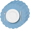 Set of 6 Blue Cotton Linen Placemats, 15x15 Scalloped Flower Embroidery Cloth Table Mats Double Layered Fabric Machine Washable Wrinkle Free Dining Placemat for Hotel Restaurant Kitchen Decor