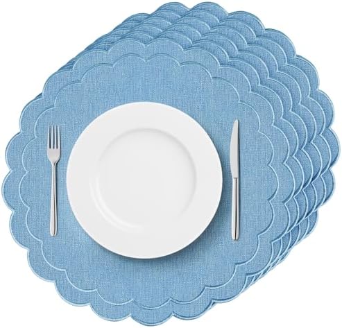 Set of 6 Blue Cotton Linen Placemats, 15x15 Scalloped Flower Embroidery Cloth Table Mats Double Layered Fabric Machine Washable Wrinkle Free Dining Placemat for Hotel Restaurant Kitchen Decor