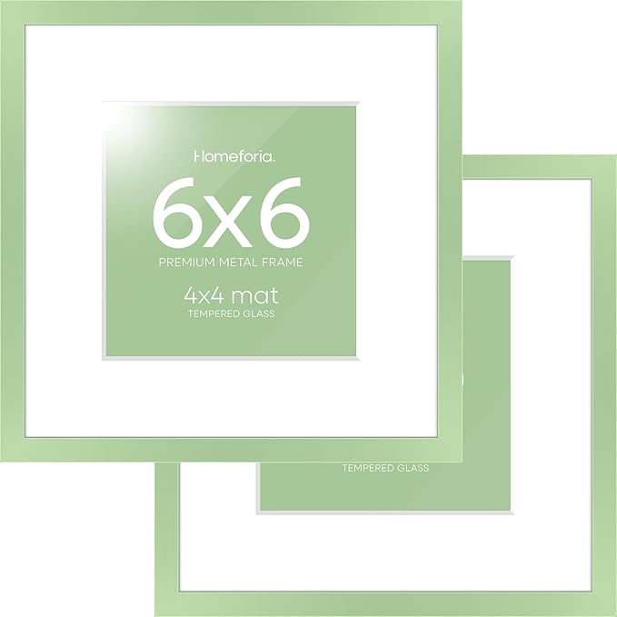 Homeforia 6x6 Sage Green Frame, High End Metal 6 x 6 Square Picture Frame with Mat 4 by 4 Art, 6x6 Photo Frame Matted to 4x4 inch Print, 6by6 Wall or Tabletop Frames, Tempered Glass, Wall Kit, Set of 2