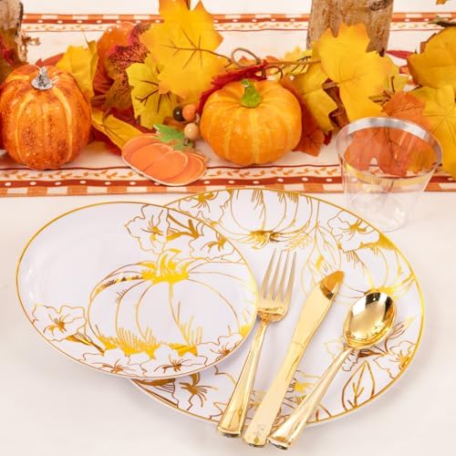 Liacere 175PCS Thanksgiving Plates- Gold Pumpkin Plastic Plates-Thanksgiving Plastic Plates and Napkins Sets Include 50 Plastic Plates,75 Thanksgiving Dinnerware，25 Gold Cups 25 Napkin for Fall Plates
