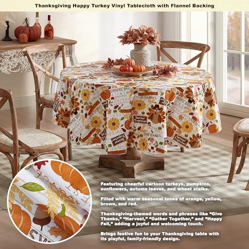 Newbridge Happy Thanksgiving Turkey 70 Inch Round Vinyl Tablecloth