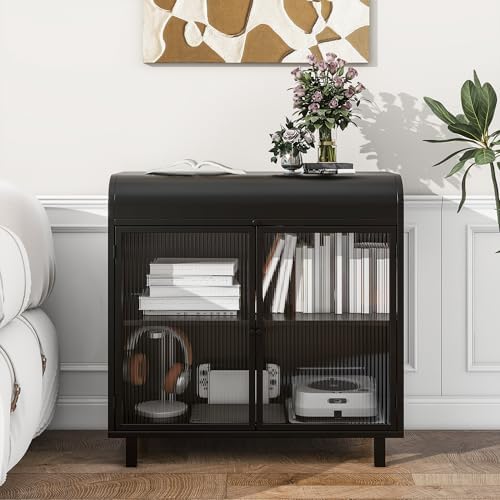 KEIKI 31" Kitchen Pantry, Modern Sideboard Buffet Cabinet with Figured Glass Doors & Flip Top & Open Shelves, Spacious Industrial Metal Organizer for Living Room & Kitchen