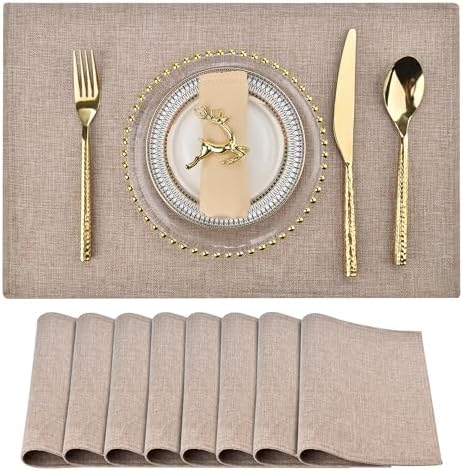 SLKQG Faux Linen Placemats Set of 8, Heat Resistant Washable Double Layer Cloth Place Mats for Dining Table, Wrinkle Resistant Linen Textured Farmhouse Kitchen Decor (8, Natural Linen)