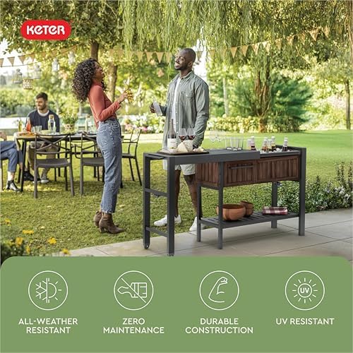 Extendable Outdoor Bar Cart with Hidden Cooler, Storage Drawers & Prep Surface – Mobile Patio Serving Station with Drainage Kit & Hidden Wheels for Backyard, Garden & Poolside Entertaining