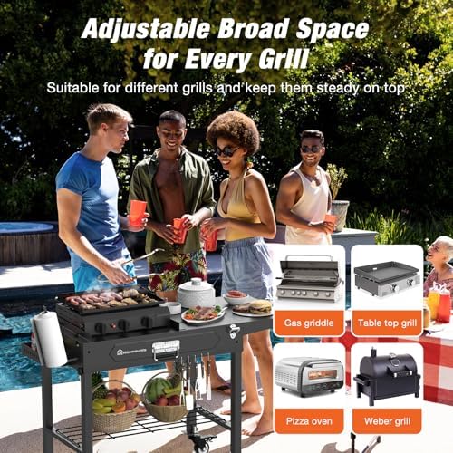 WARMOUNTS Foldable Grill Cart Outdoor with Wheels, Portable Outdoor Grill Table with Storage, Movable Stand Fits 17''/22'' Tabletop Grill, 400 Lbs Weight, for Camping, BBQ