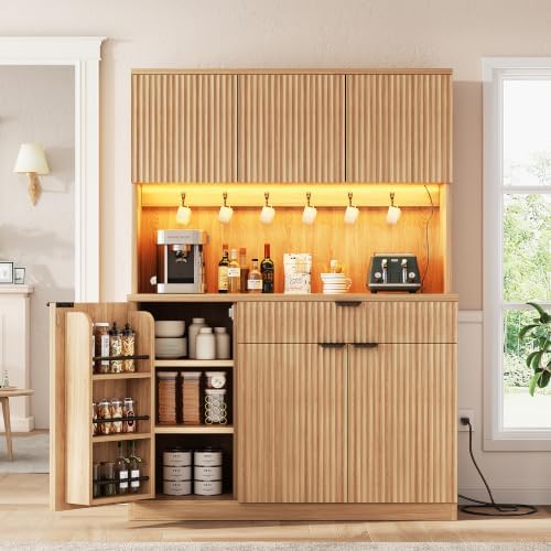 Jocoevol Fluted Kitchen Pantry Storage Cabinet with Charging Station & LED Lights,71" Tall Kitchen Hutch with Microwave Stand, Adjustable Shelves,Storage Doors (Natural, 41 * 71 * 15.7)