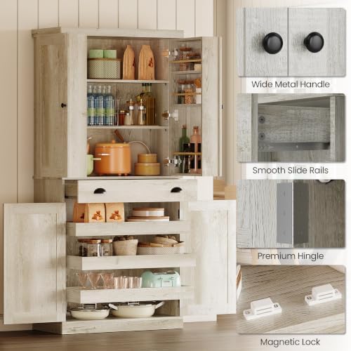 IRONCK 72" Kitchen Pantry Cabinet with Drawer and Sliding Racks