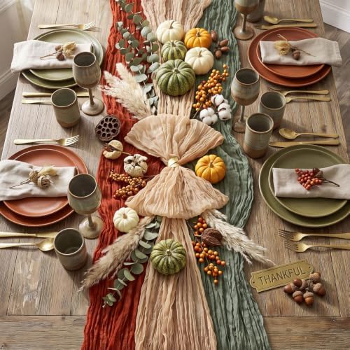 6 Pcs Terracotta and Sage Green Cheesecloth Table Runner 118"