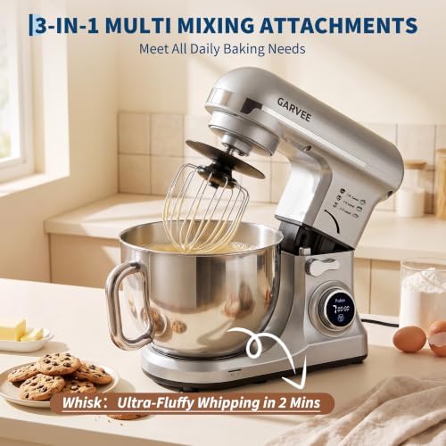 Garvee 5.3 QT Tilt-Head Stand Mixer, 500W Motor, 8-Speed Electric Kitchen Mixer with Stainless Steel Bowl, Dough Hook, Flat Beater & Wire Whisk for Bread Dough, Cake, Cookies & Pizza, Silver