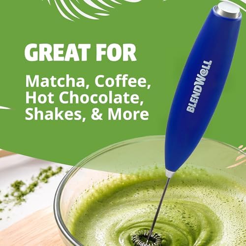 BlendWell Electric Milk Frother for Matcha and Coffee, Handheld Battery Operated Drink Mixer with Stand, Stainless Steel Whisk, Blue