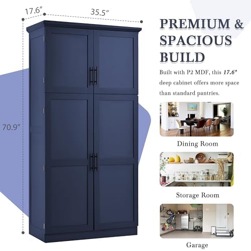 Merax 35.5x17.6x70.9 inches Freestanding Kitchen Pantry Cabinet, Tall Storage Cabinet with 4 Doors, 2 Door Shelves, 8 Pull-Out Trays and Adjustable Shelf for Dining Room, Blue