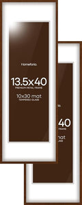 Homeforia 13.5x40 Picture Frame Brown, High End Dark Oak 13.5by40 Walnut Wood Poster Frame with Mat 10x30, 13.5 x 40 Panoramic Wooden Frames Matted to 10 x 30 Print, Tempered Glass, Wall Kit, Set of 2