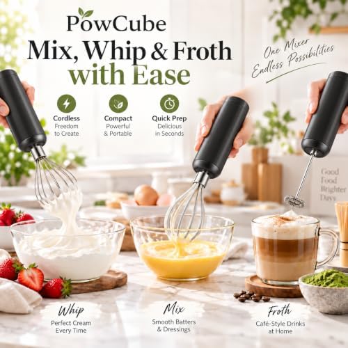 Cordless Hand Mixer, 4-in-1 Handheld Electric Mixer with Electric Whisk Frother & 10 oz Mini Food Chopper, USB-C Rechargeable 4-Speed Hand Mixer for Eggs, Cream, Coffee & Small-Batch Prep