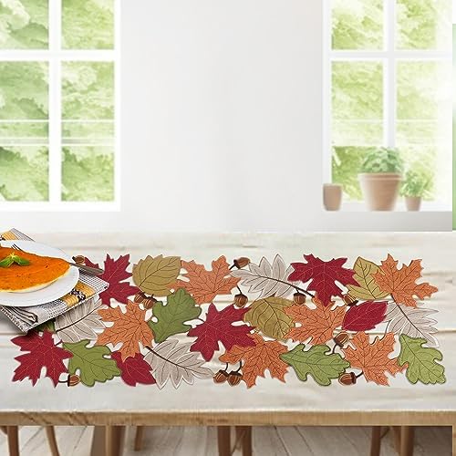 OWENIE Fall Table Runner, Short Thanksgiving Table Runner for Coffee Table Autumn Season Home Decorations, Embroidered Cutwork Farmhouse Harvest Maple Leves Runner, 13 Inch x 36 Inch