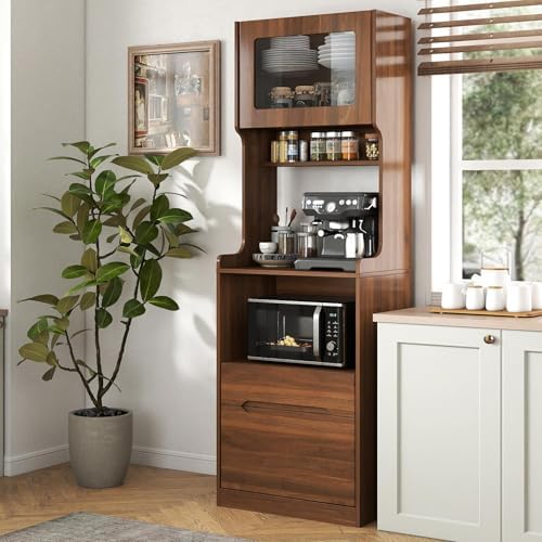 KEIKI 70.87" Tall Kitchen Pantry Storage Cabinet with Countertop, Glass Doors, Drawers, Microwave Stand and Shelves, Freestanding Wood Hutch Food Pantries Buffet Cupboard for Coffee Bar, Dining Room