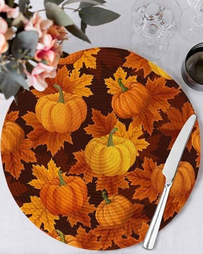 Fall Round Placemats Set of 4 Thanksgiving Orange Harvest Pumpkin Place Mats Washable Woven Placemat Autumn Maple Leaf Circle Braided Table Mat for Kitchen Dining Holiday Party Fall Decor 15 Inch